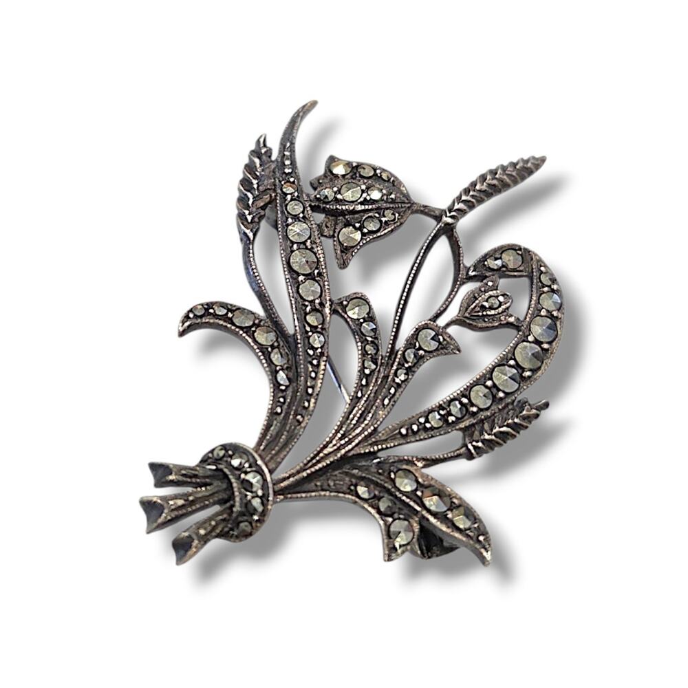 Vintage Sterling Silver Marcasite Flower Wheat Leaf Brooch Filigree Signed